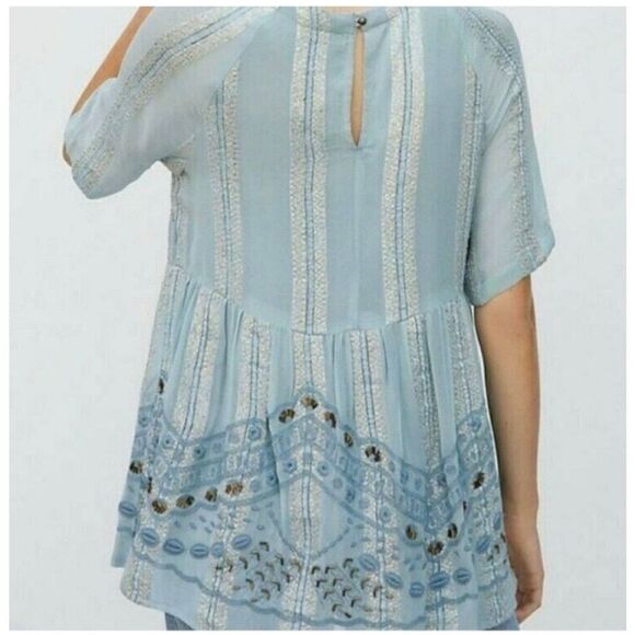 Raga Anthropologie embroidered Embellished beaded boho baby doll top L - Picture 9 of 9